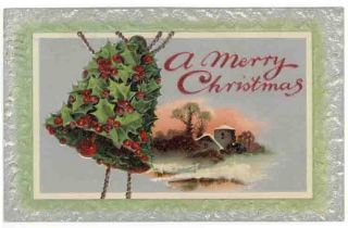 Vintage Christmas Greetings Pc,  A Winter Scene At Sunset,  Large Bell,  1910