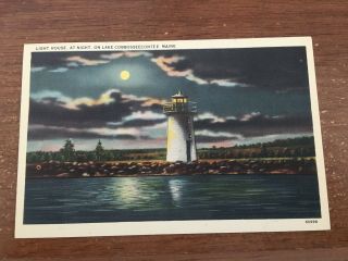 Vintage Postcard - Light House At Night On Lake Cobbosseecontee Me