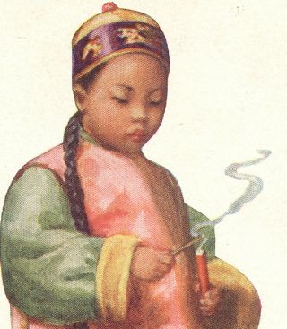 1903 Cute Chinese Child Lighting Fire Cracker & Celebrating Old Postcard Pc6275