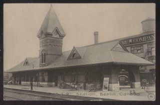 Rp Postcard Berlin Ontario/canada G.  T.  R.  Railroad Train Depot/station 1908