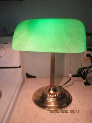 Vintage Art Deco Bankers Desk Lamp Green Marbled Glass Shade Solid Brass Excel.
