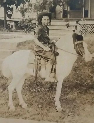 Vintage Old Cabinet Photo Of Little Girl Riding White Pony Small Horse