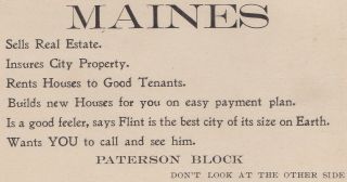 SE Flint MI c.  1899 Advertising MAINES REAL ESTATE Company in the Patterson Block 4