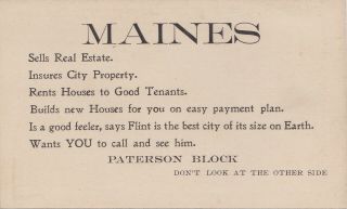 SE Flint MI c.  1899 Advertising MAINES REAL ESTATE Company in the Patterson Block 5