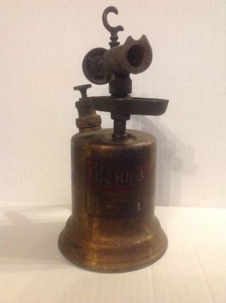 Vintage Otto Bernz Brass Gasoline Torch With Red Wooden Handle