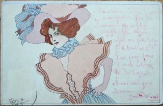 Art Nouveau 1905 Postcard: Woman In Pink & Blue W/large Hat - M.  M.  Vienne