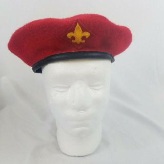 Vintage Boy Scouts Of America Red 100 Pure Wool Beret Hat Collectible Xl