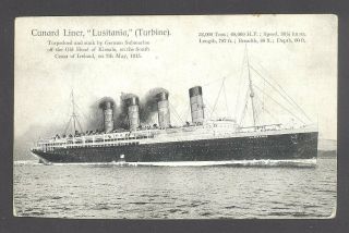 Postcard Cunard Line R.  M.  S.  Lusitania Sunk 1915 Off Ireland