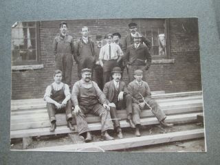 EARLY 1900s CABINET CARD,  WORKERS ON LUMBER PILE,  MARKED 