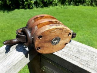 Vintage Antique 4 Inch Boston Lockport Block Pulley - Wood And Iron 2