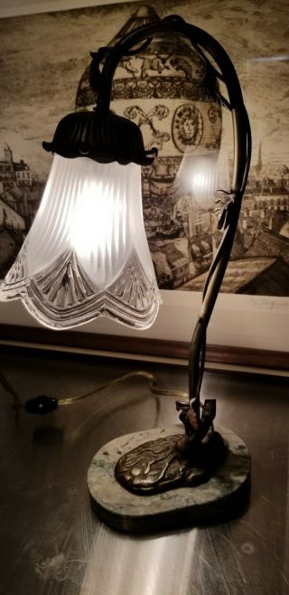 Vintage Antique Brass Vine Lamp Desk Table Glass Shade Goose Neck Marble Base