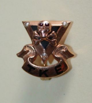 10k Gold,  Ruby & Seed Pearl Skull & Crossbones Tau Kappa Epsilon Fraternity Pin