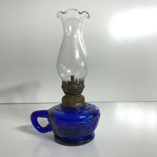 Vintage Embossed Fruit - Dark Cobalt Blue Glass Oil Kerosene Lamp With Chimeny