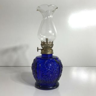Vintage Embossed Stars - Dark Cobalt Blue Glass Oil Kerosene Lamp With Chimeny