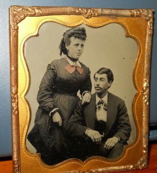 1/6th Plate Tintype Photograph Of Young Couple Tinted