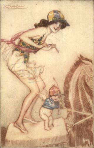 Glamour Sexy Woman Lingerie & Cupid Jockey Riding Horse Mauzan Postcard