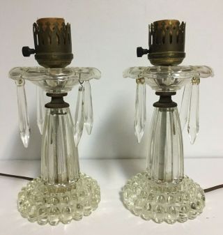Vtg Art Deco Clear Glass Ribbed & Bubble Boudoir Table Lamps W/prism