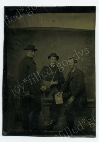 1860s 70s Salesmen? 3 Men With Attache Case And Book Tintype Photo