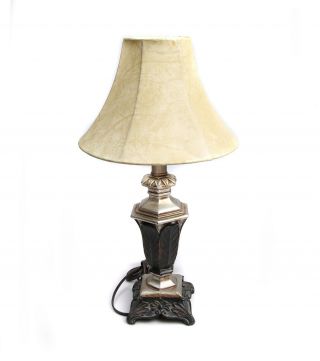 Table Desk Top Ornate Brown Silver Lamp Light Ivory Cream Bone Shade Night Stand