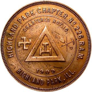 1909 Highland Park Illinois Masonic Chapter Penny Good Luck Swastika Token