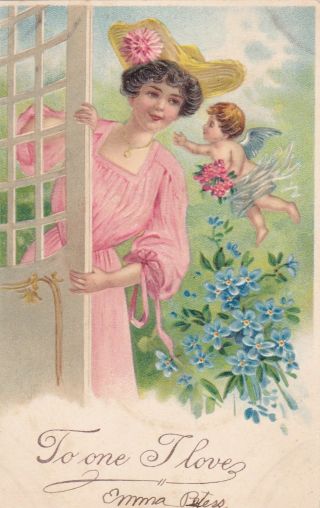 To One I Love,  Cupid Flying Toward Woman With Pink Flowers Whispering In Her Ear