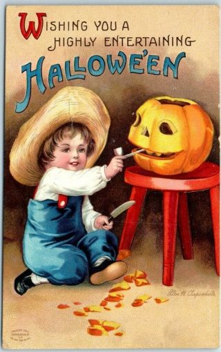 Vintage Artist - Signed Clapsaddle Halloween Postcard Boy Making Jol C1910s