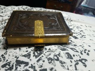 Vintage 1800 ' s Leather Embossed Photo Album w/ Brass Clasp 5 1/4 H FOR TIN TYPES 2