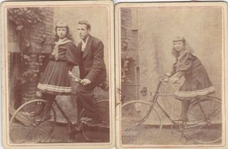 2 Antique Photos.  3 1/4 By 4 1/4 Ins.  Alice Thomson On A Bicycle