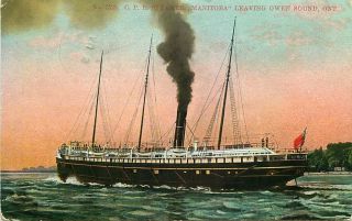 Postcard C P R Steamer Ship " Manitoba " Leaving Owen Sound,  Ontario,  Canada 1909