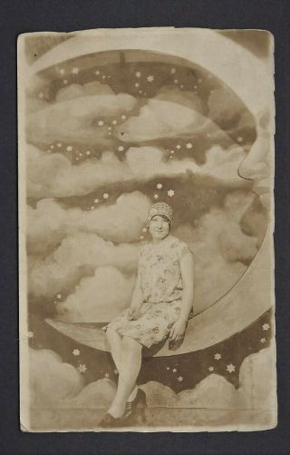 Antique Real Photo Postcard 1920s | Young Woman On Paper Moon Studio Prop