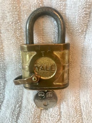Vintage Yale & Towne Brass Pin Tumbler Padlock With Key Advertizing (mta)