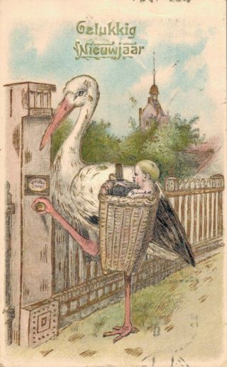 Happy Year Vintage Postcard Stork With Baby 02.  42