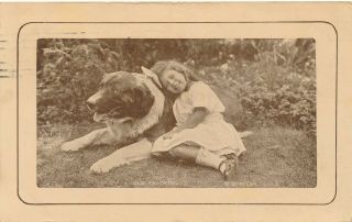Girl Leaning On Big Dog Old Faithful - 1914