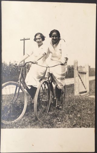 Rppc Real Photo Postcard Two Women Riding Bicycle