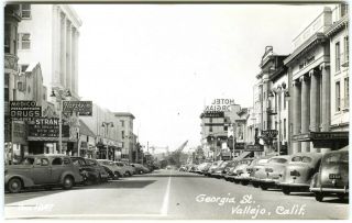 1940s Rppc Vallejo Ca Street Shops,  Cars,  Movie Theater,  Hotels Real Photo Postcard