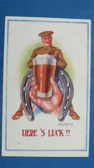 Ww1 Donald Mcgill Comic Postcard 1915 Good Luck Horse Shoe Pint Beer Here 