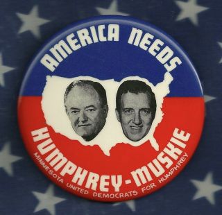 Hubert Humphrey Muskie Jugate Political Campaign Pinback Button Mn Dfl Minnesota