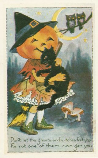 Old Vintage Halloween Pumpkin Girl Black Cat Owls Mushrooms Witch Hat Post Card