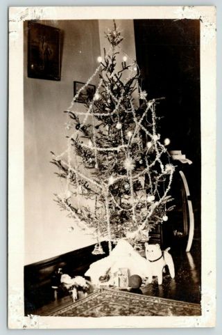 Real Photo Postcard Christmas Tree Heavy Garland Tinsel Lights Toys Under C1920