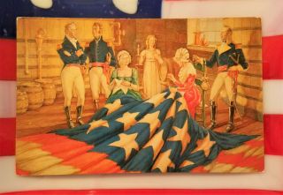 Antique Patriotic Postcard 4th Of July Betsy Ross Placing Stars Flag Mirro - Krome