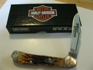 Case Xx Usa Harley - Davidson Mini Copperlock Peach Seed Antique Bone Made In Usa