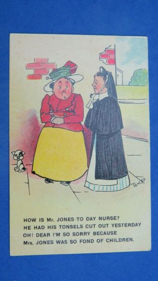 Vintage Comic Postcard 1900s Hat Pin Mr Jones Tonsils Nurse Theme
