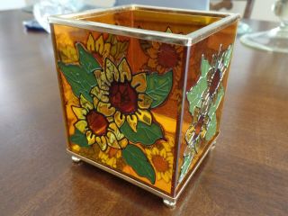 4 " Stained Glass Sunflower Flowers Square Footed Candle Holder Mirrored Bottom