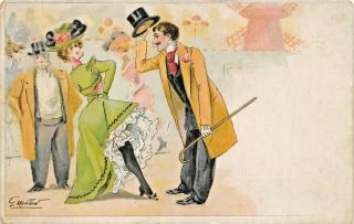 Man Tips Top Hat To Woman Showing Leg G Mouton French Artist Signed Postcard