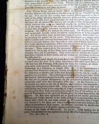Aaron Burr Death & Slavery Slaves In Texas - Creek Indians 1836 Old Newspaper
