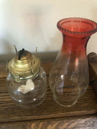 Glass Eagle Oil Lamp Clear Base and Tall Red Edged Chimney Globe P.  & A.  Vintage 2