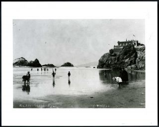 1880s Waders On Beach With 2nd Cliff House & Seal Rocks,  San Francisco 8x10 Photo