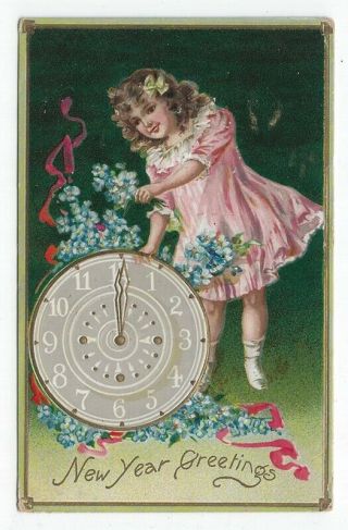 A Year Greetings Pc,  Young Girl,  Blue Flowers,  Clock,  Raphael Tuck,  1908