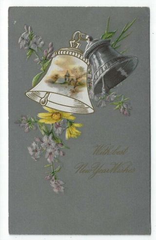Early Year Greetings Pc,  A Silver & White Bell With A Scene,  Flowers 1908