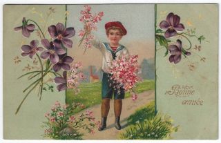 Vintage Year Greetings Postcard,  Boy On A Path With Pretty Flowers